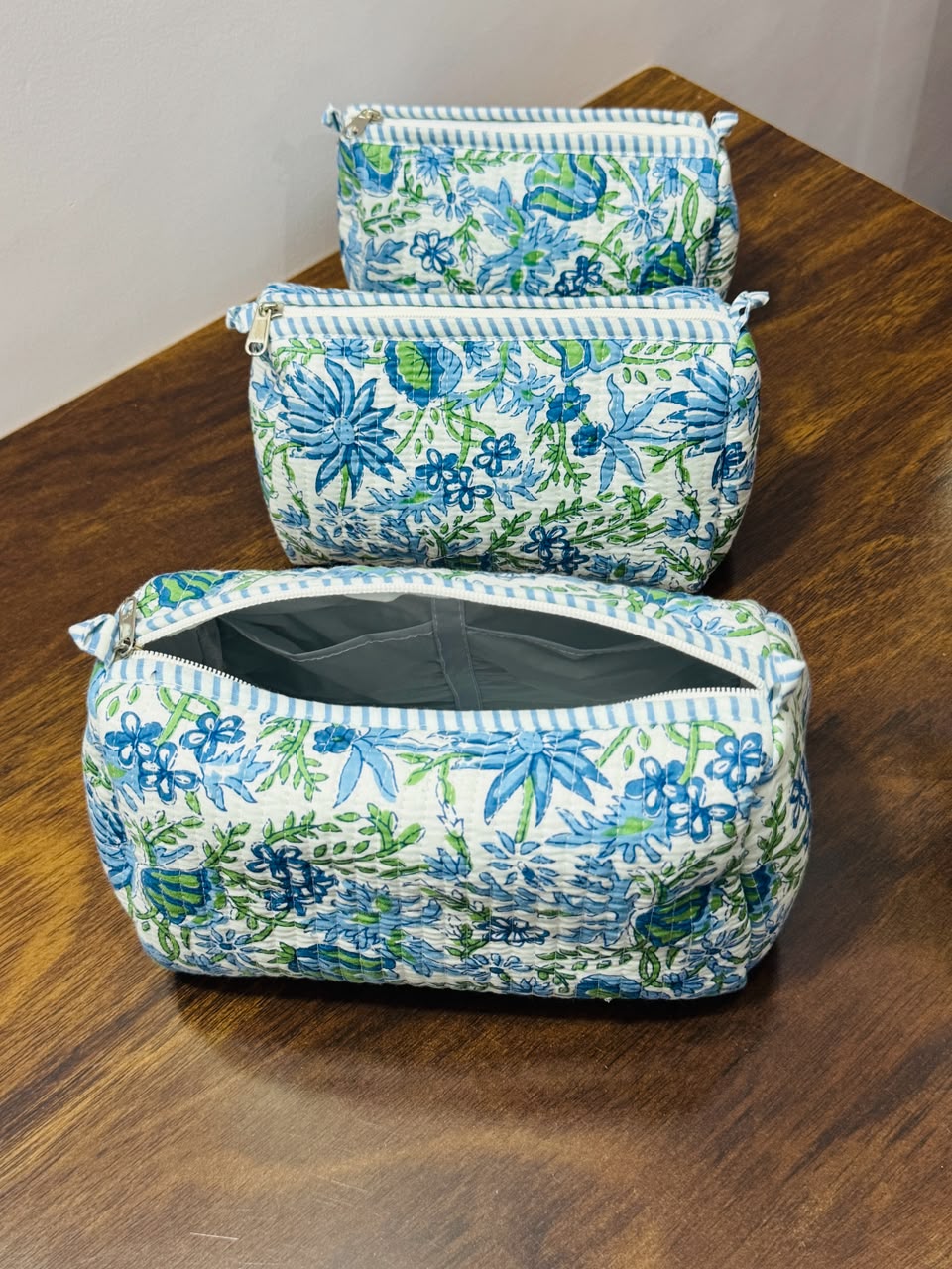 Makeup Bag - Set of 3 - Blue & Green Floral