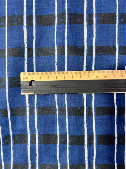 100% Indian Cotton Fabric - Blue, Black & White Stripe