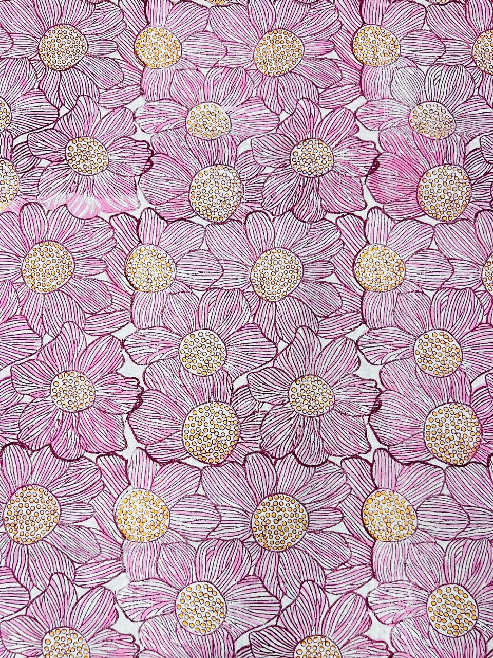 Indian Block Print Cotton Fabric - Pink Flowers