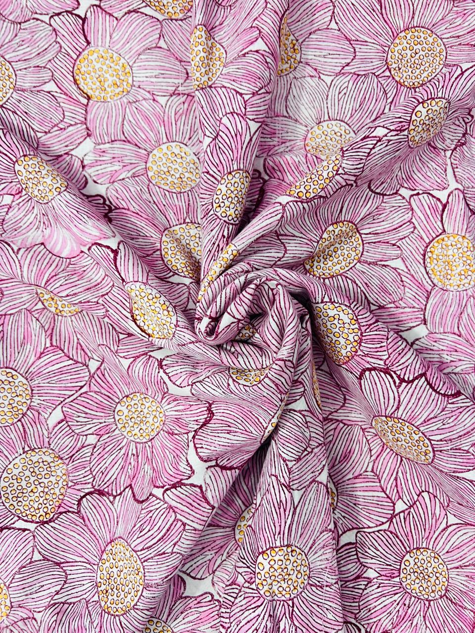 Indian Block Print Cotton Fabric - Pink Flowers