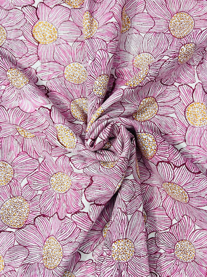 Indian Block Print Cotton Fabric - Pink Flowers