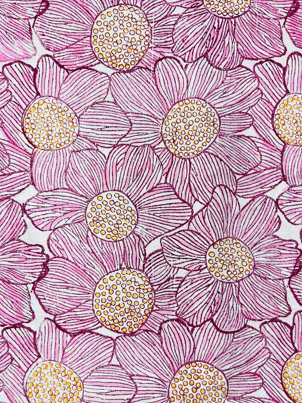 Indian Block Print Cotton Fabric - Pink Flowers