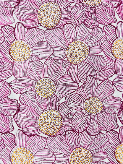 Indian Block Print Cotton Fabric - Pink Flowers