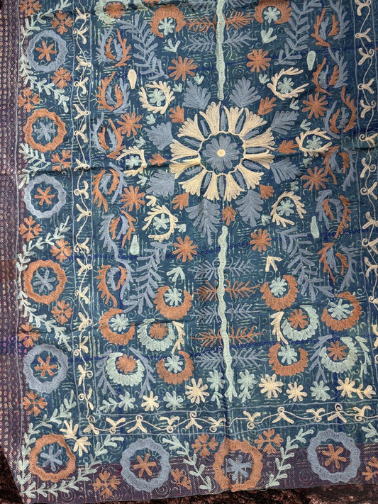 Suzani Embroidered Kantha Quilt - Blue, Brown & Beige