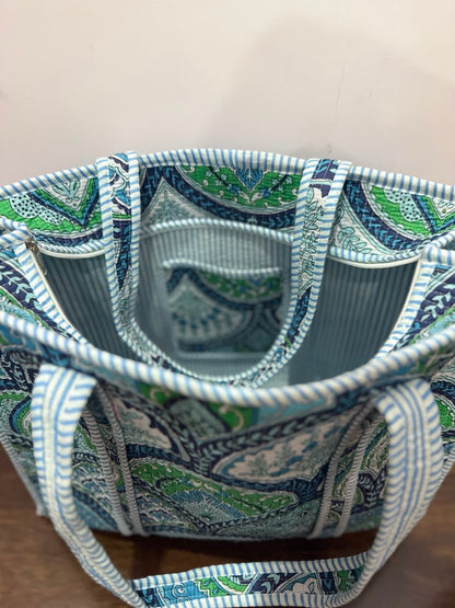 Large Quilted Tote Bag With Zip - Blue & Green Scallop
