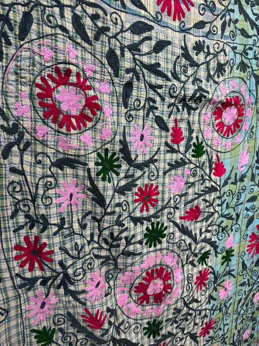 Suzani Embroidered Kantha Quilt - Green & Pink Floral