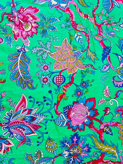 Cotton Screen Print Fabric - Turquoise With Bold Floral
