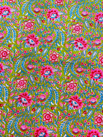 Cotton Screen Print Fabric - Green With Pink Floral