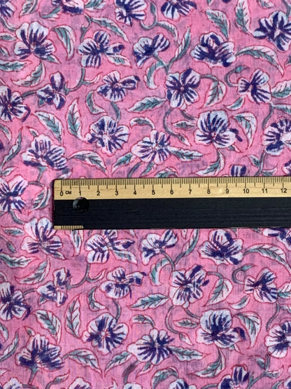 Indian Block Print Cotton Fabric - Pink With Purple Floral