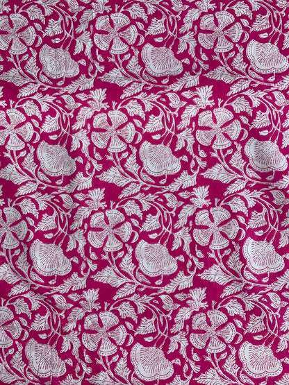 100% Indian Cotton Fabric - Hot Pink & White Floral