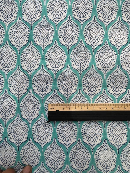 Indian Block Print Cotton Fabric - Turquoise With Paisley