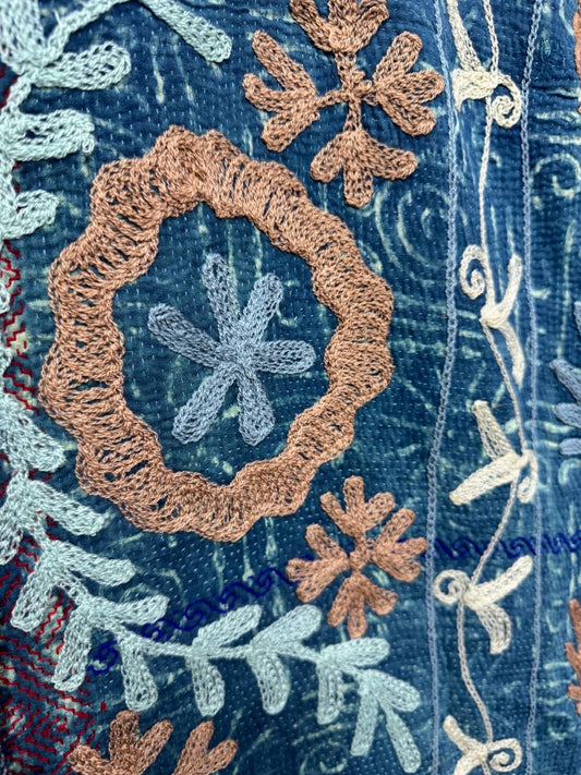Suzani Embroidered Kantha Quilt - Blue, Brown & Beige