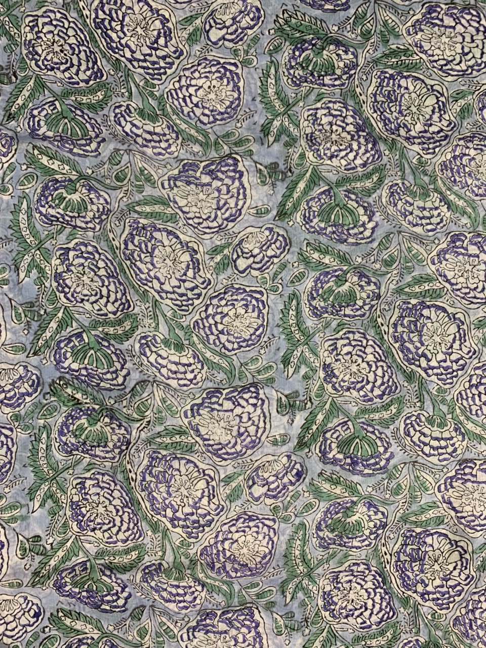 Indian Block Print Cotton Fabric - Mauve & Green Floral on Blue Background