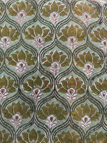 Indian Block Print Cotton Fabric - Green Lotus