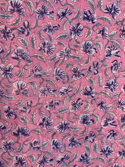 Indian Block Print Cotton Fabric - Pink With Purple Floral