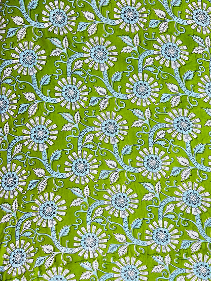 Cotton Screen Print Fabric - Green With Blue & White Daisy