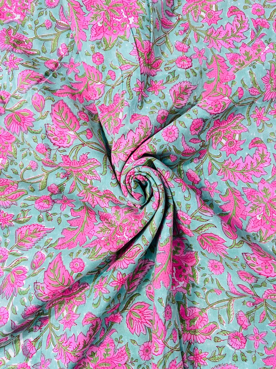 Indian Block Print Cotton Fabric - Pink & Green