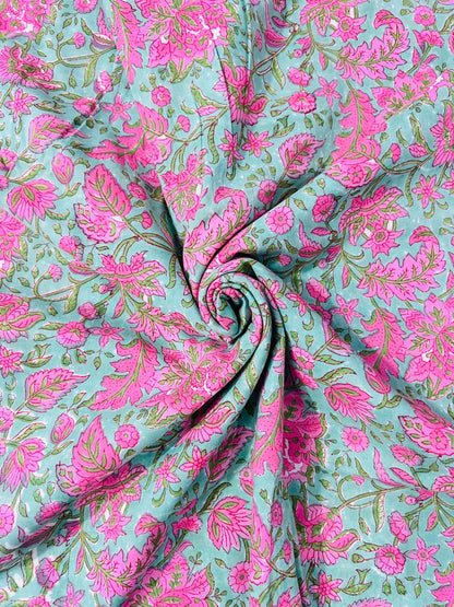 Indian Block Print Cotton Fabric - Pink & Green