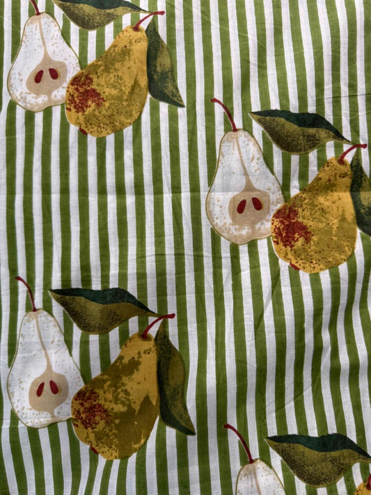 Cotton Screen Print Fabric - Green Stripe With Pears