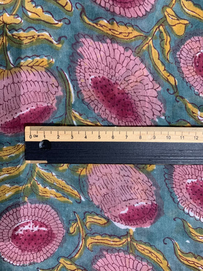 Indian Block Print Cotton Fabric - Turquoise with Pink Floral