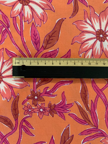 Indian Block Print Cotton Fabric - Orange With White Daisy & Pink Leaves