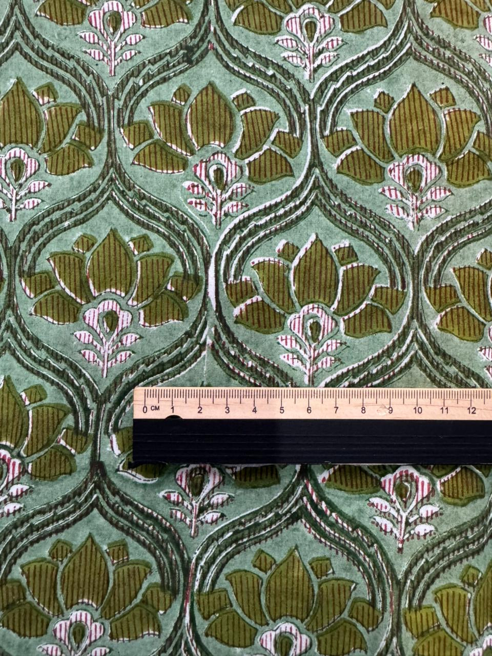 Indian Block Print Cotton Fabric - Green Lotus