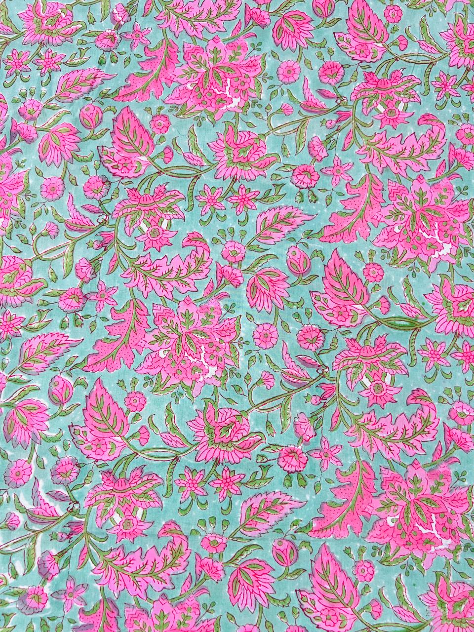 Indian Block Print Cotton Fabric - Pink & Green