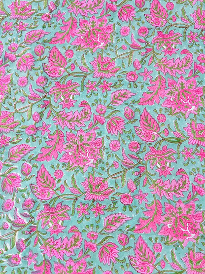 Indian Block Print Cotton Fabric - Pink & Green