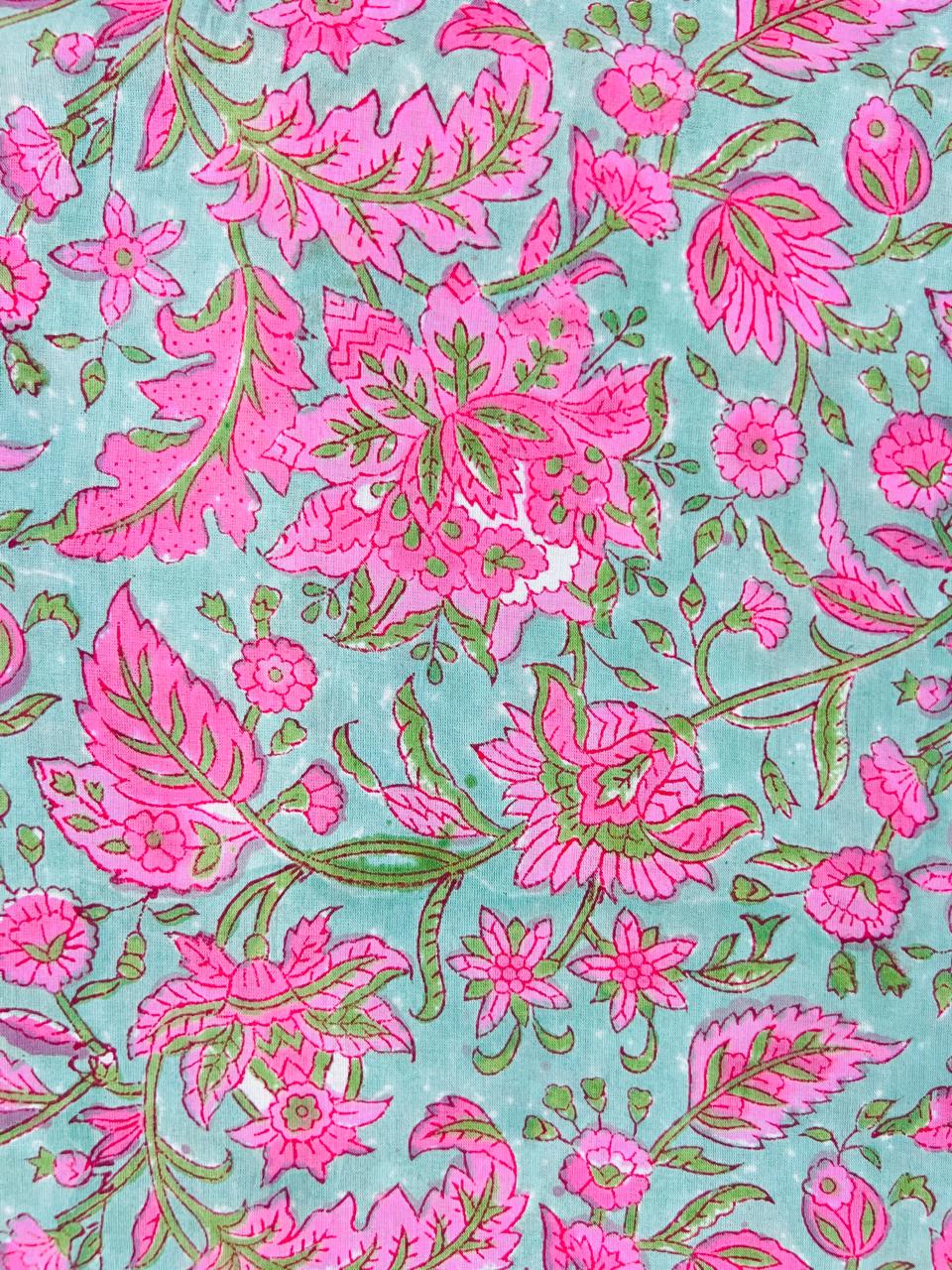 Indian Block Print Cotton Fabric - Pink & Green