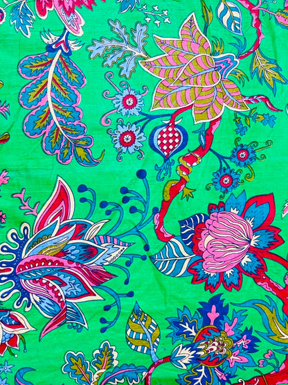 Cotton Screen Print Fabric - Turquoise With Bold Floral