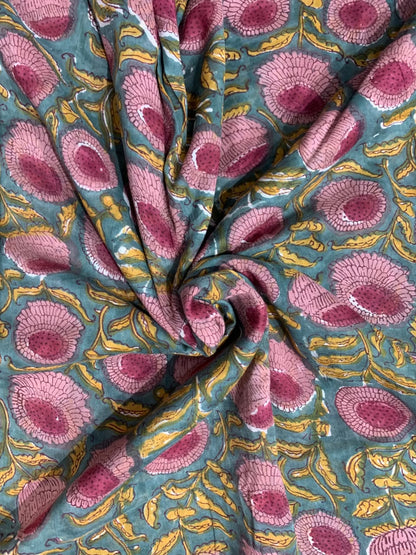 Indian Block Print Cotton Fabric - Turquoise with Pink Floral