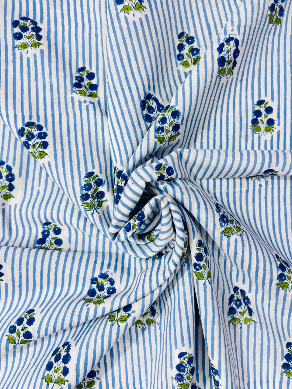 Indian Block Print Cotton Fabric - Blue Floral Stripe