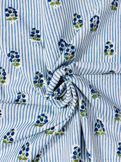 Indian Block Print Cotton Fabric - Blue Floral Stripe