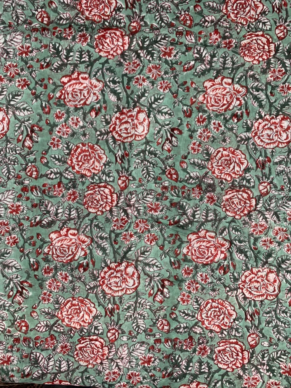 Indian Block Print Cotton Fabric - Turquoise With Red Roses