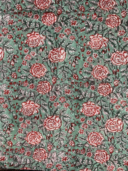 Indian Block Print Cotton Fabric - Turquoise With Red Roses