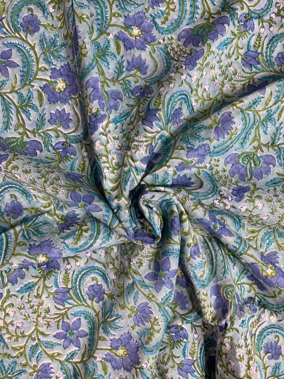 Indian Block Print Cotton Fabric - Blue & Turquoise Floral