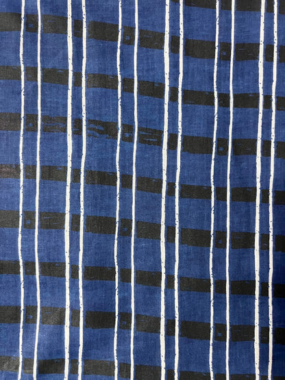 100% Indian Cotton Fabric - Blue, Black & White Stripe