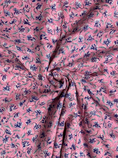 Indian Block Print Cotton Fabric - Pink With Purple Floral