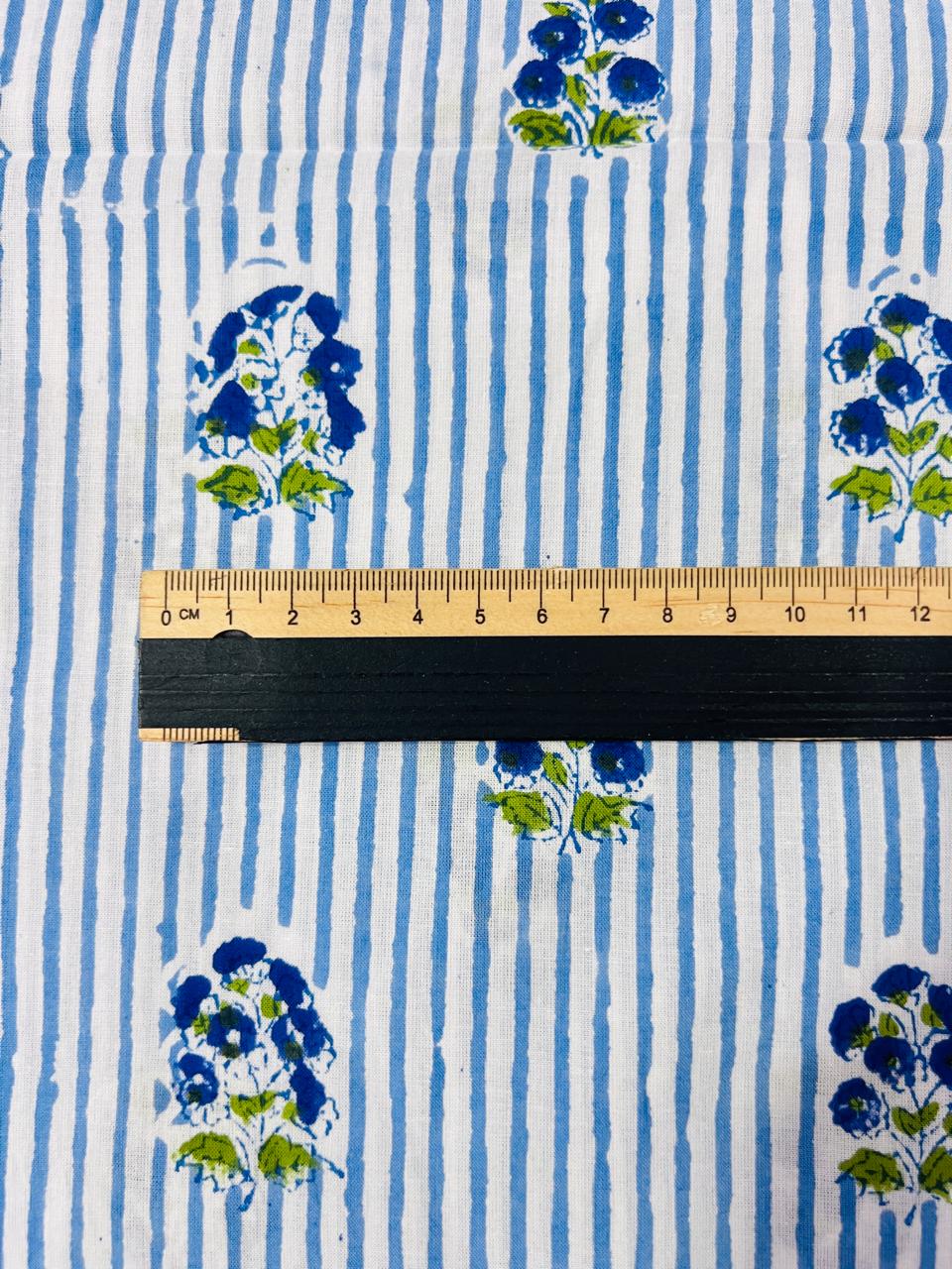 Indian Block Print Cotton Fabric - Blue Floral Stripe