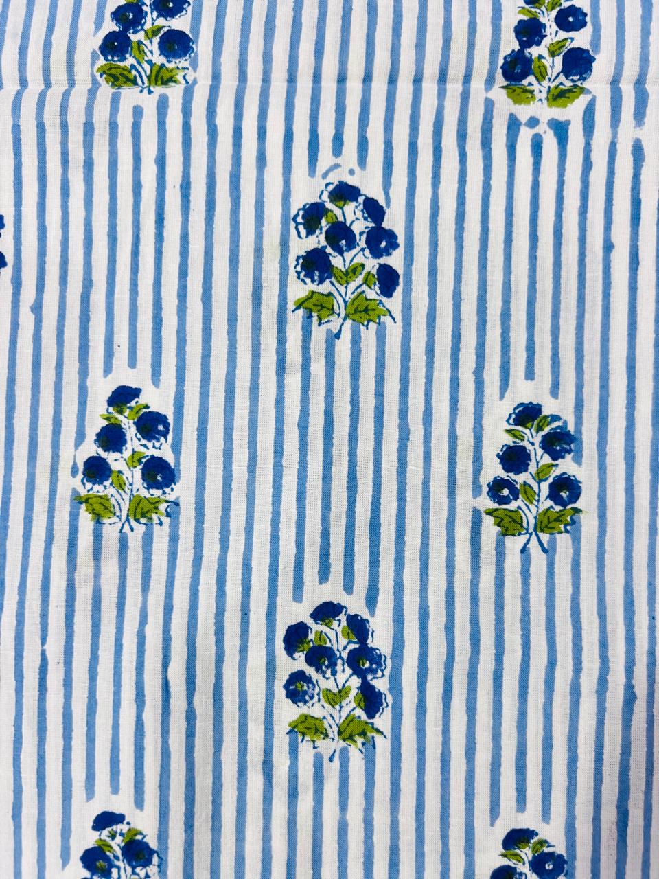 Indian Block Print Cotton Fabric - Blue Floral Stripe