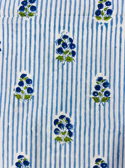 Indian Block Print Cotton Fabric - Blue Floral Stripe