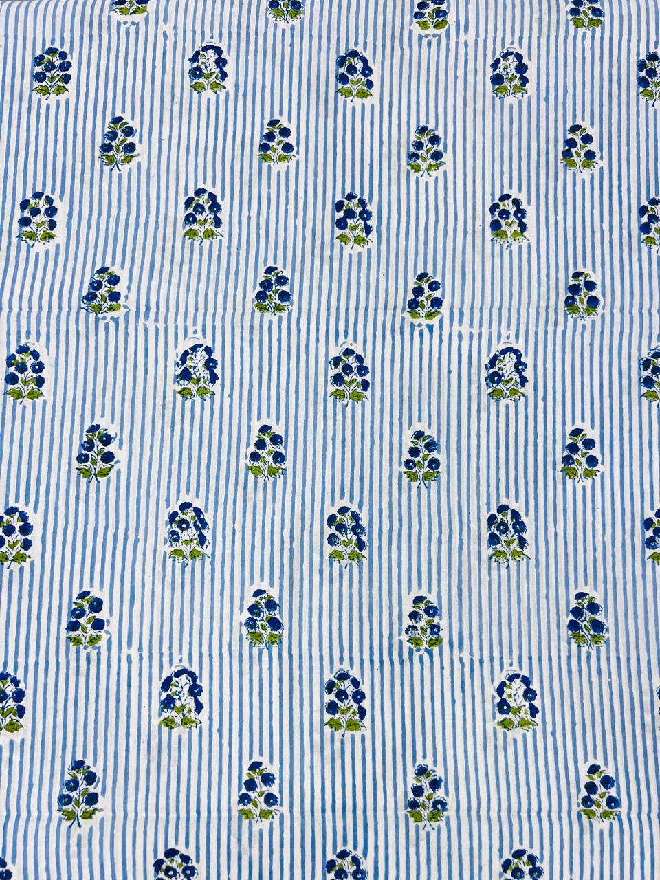 Indian Block Print Cotton Fabric - Blue Floral Stripe