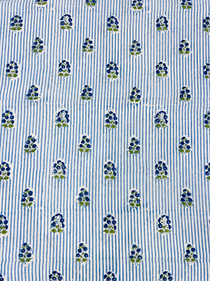 Indian Block Print Cotton Fabric - Blue Floral Stripe