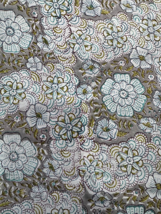 Indian Block Print Cotton Fabric - Khaki Retro Floral