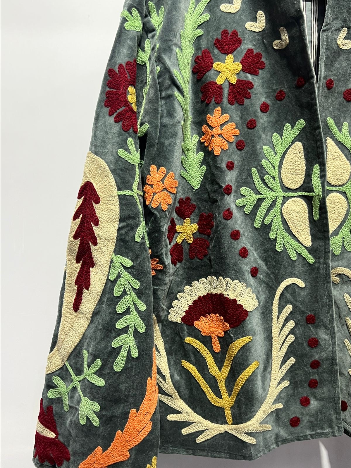 Suzani Embroidered Velvet Jacket - Dark Grey - Love