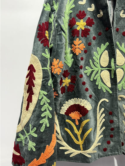 Suzani Embroidered Velvet Jacket - Dark Grey - Love