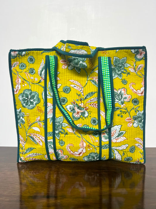 Small Quilted Tote Bag With Zip -  Yellow With Green Floral