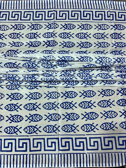 Block Print Cotton Sarong - Blue Fish