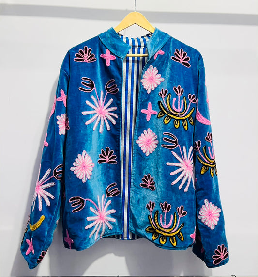 Jacket Velvet - Blue & Pink Leopard