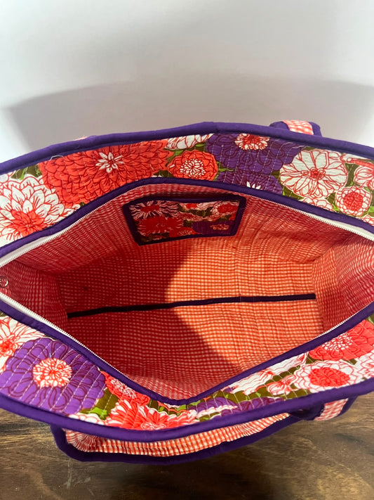 Large Quilted Tote Bag With Zip - Purple & Orange Floral